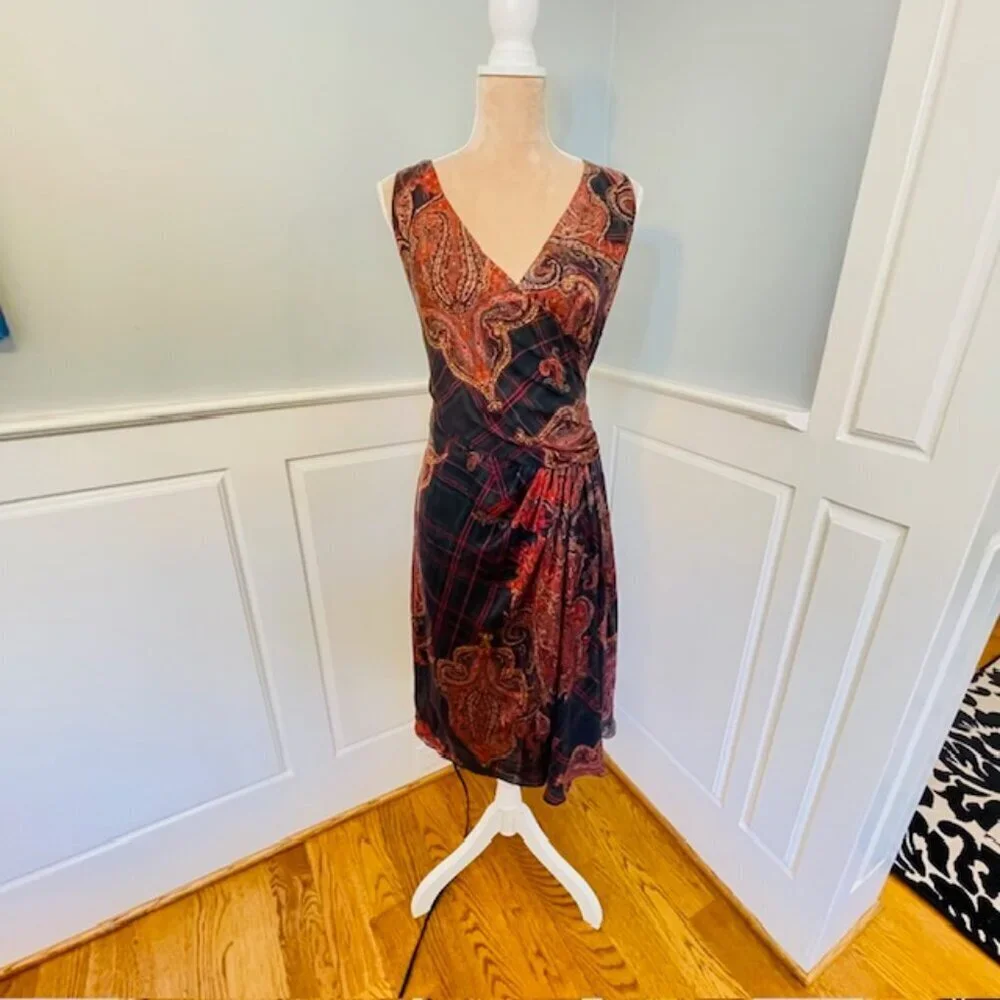 Lauren Ralph Lauren Silk Dress Paisley Plaid Wrap Style Midi Sleeveless 14